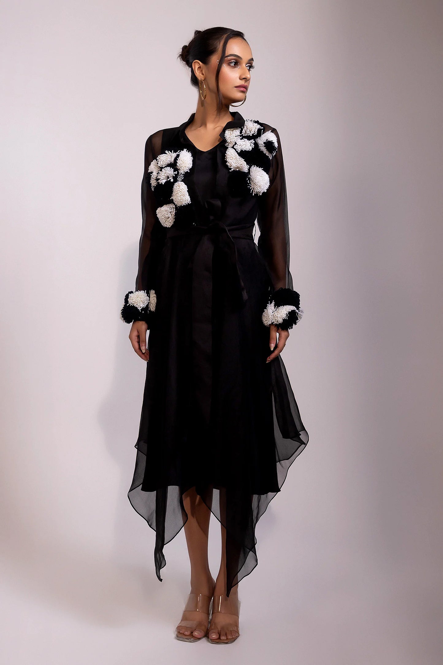 Black Sheer Organza Overlay Dress with Textured Embroidery