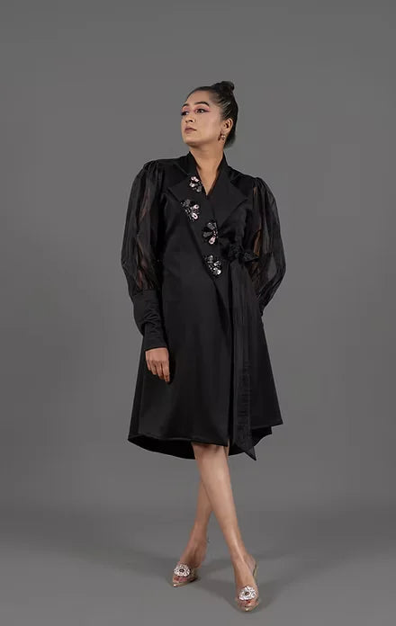 Black Balloon Sleeve Wrap Around Dress