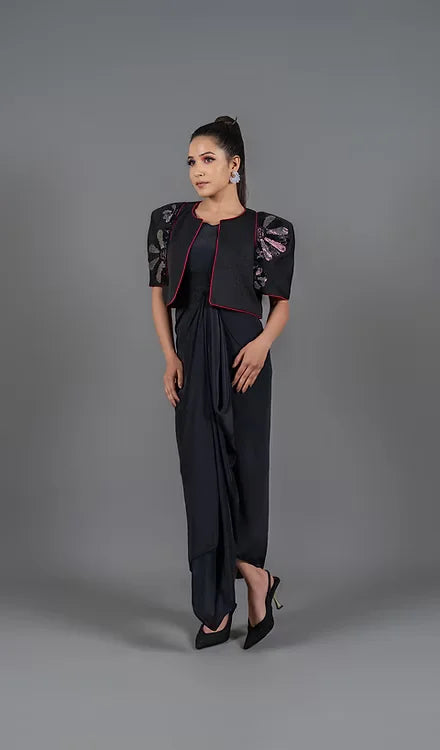 Drape dress with bat sleeve short jacket