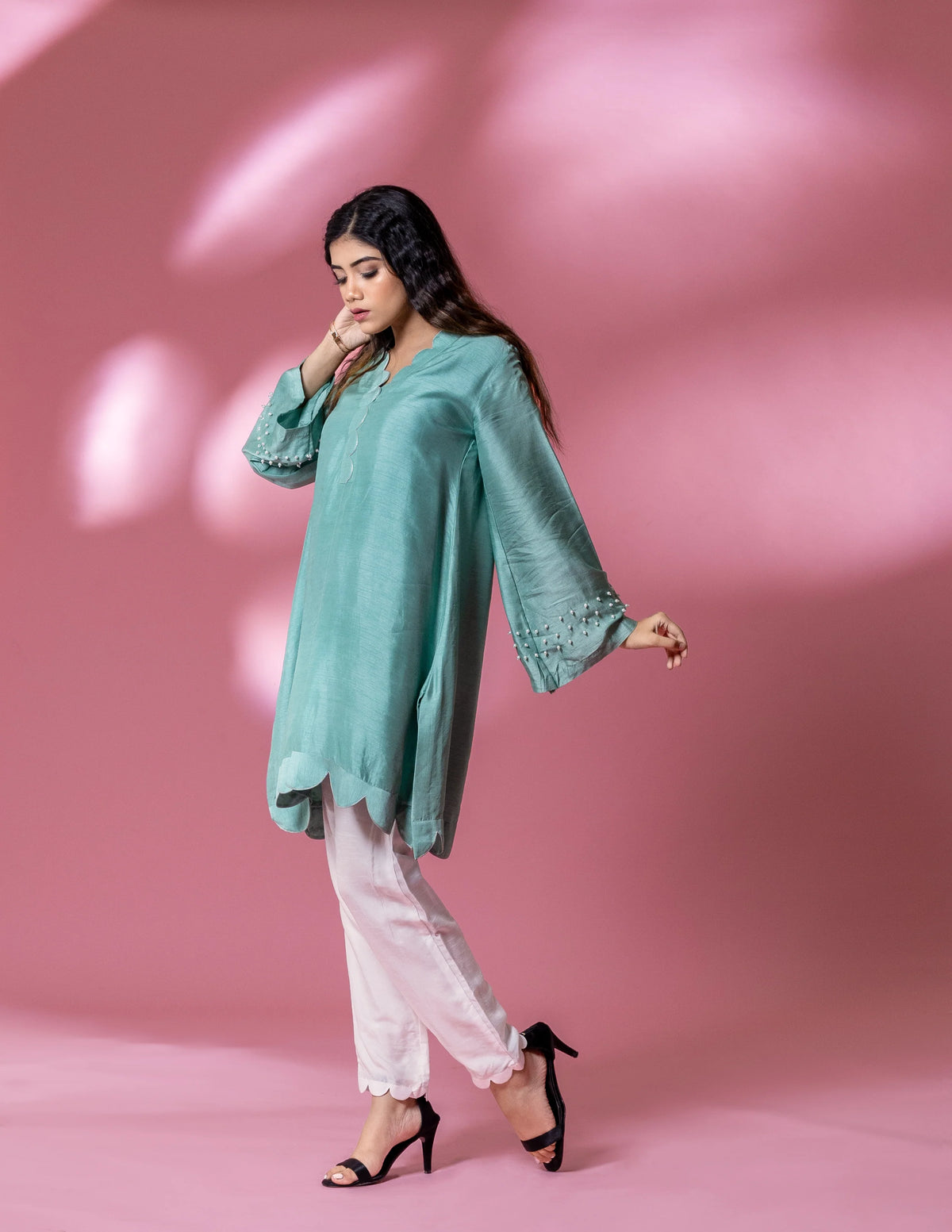 Blue Bemberg Silk Scallop Cut Pearl Co-ord