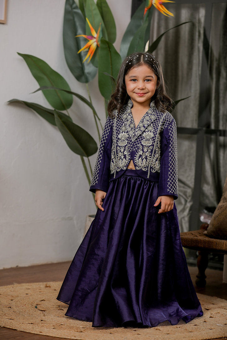 Blue Hand Embroidered Jacket Lehanga Set