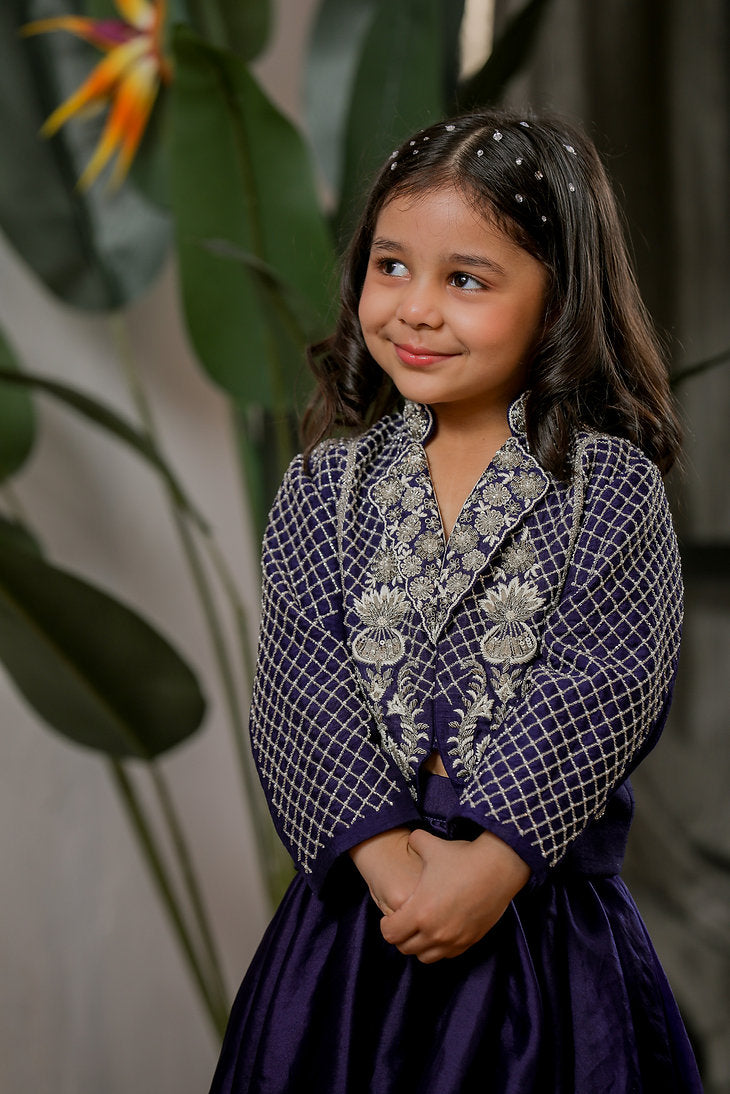 Blue Hand Embroidered Jacket Lehanga Set
