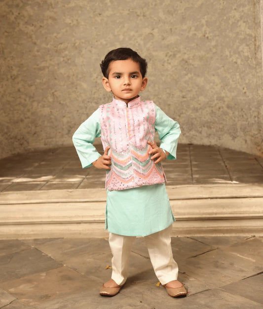 Blue Kurta with Pink Nehru Jacket Set