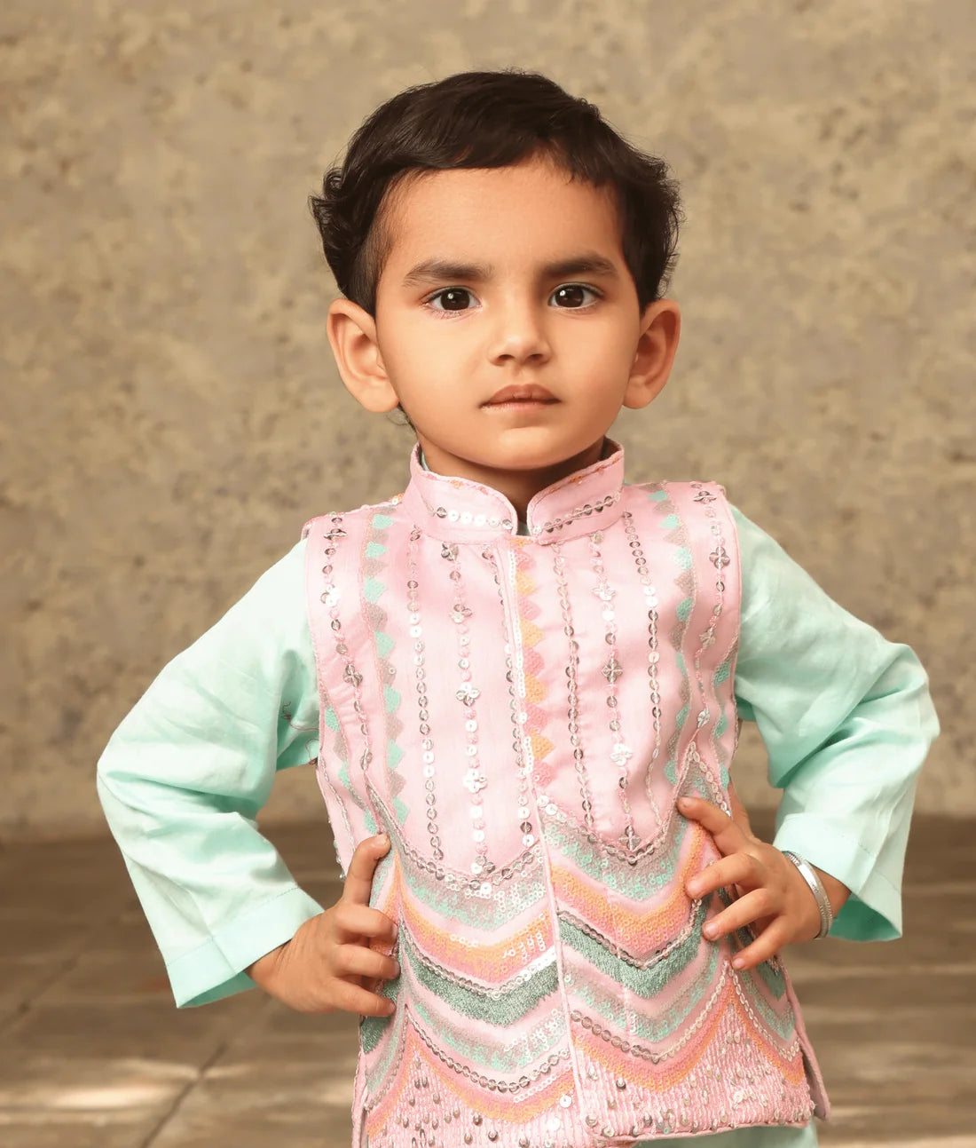 Blue Kurta with Pink Nehru Jacket Set