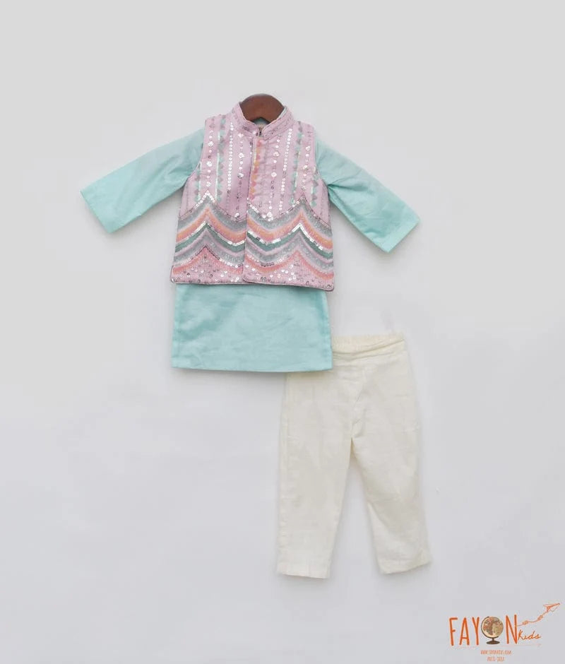 Blue Kurta with Pink Nehru Jacket Set