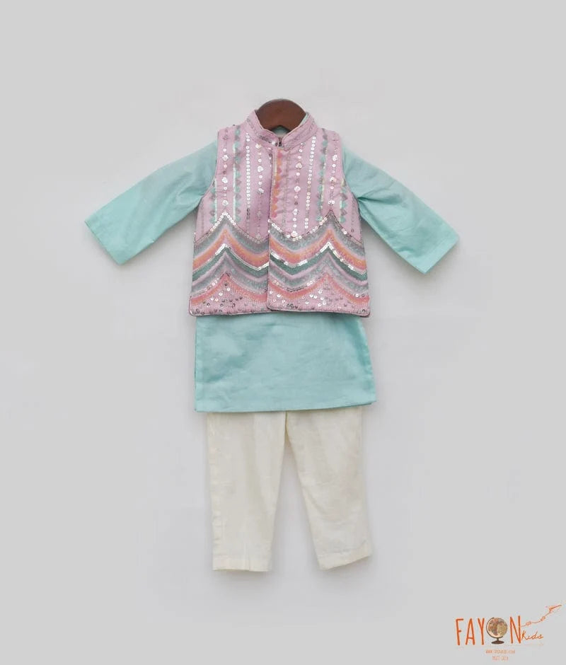 Blue Kurta with Pink Nehru Jacket Set