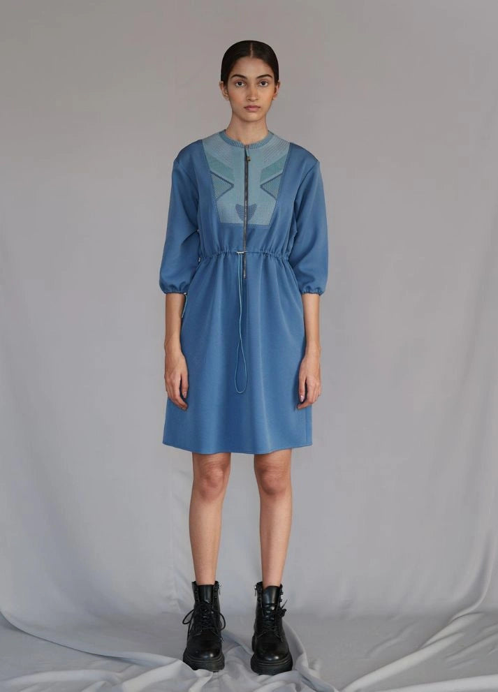Blue Knitted Panel Short Dress
