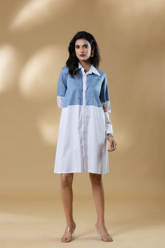 Blue and White Italian Cotton Gin Stone Short Dress