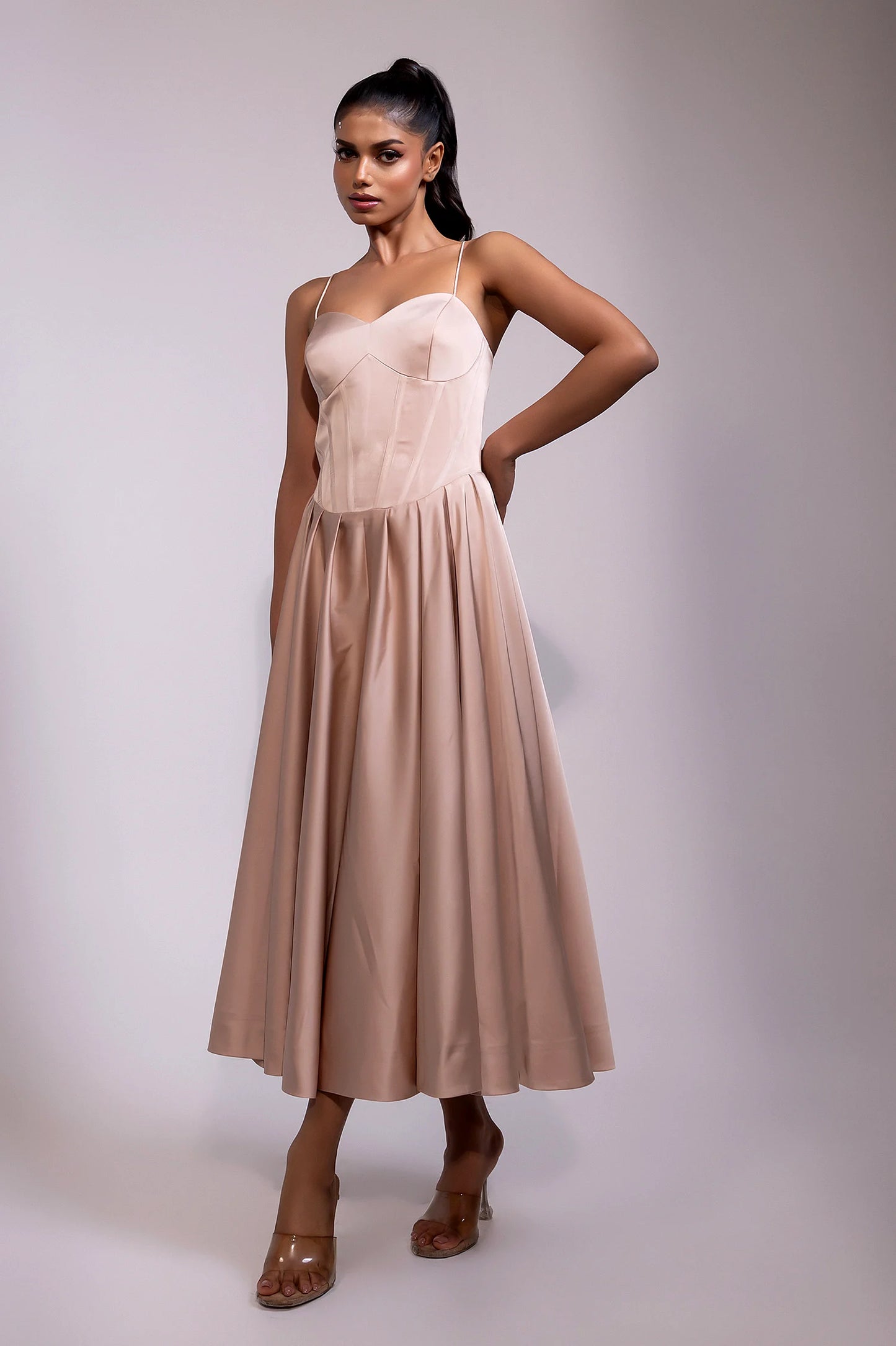 Blush Satin Corset Midi Dress