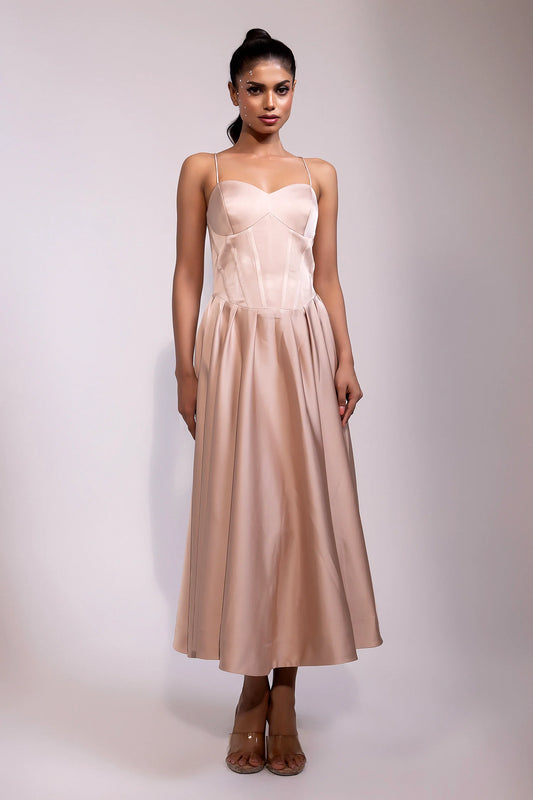 Blush Satin Corset Midi Dress