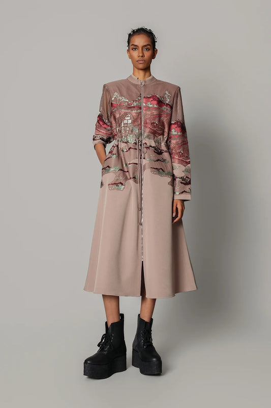 Brown Hokusai Embroidered Long Dress