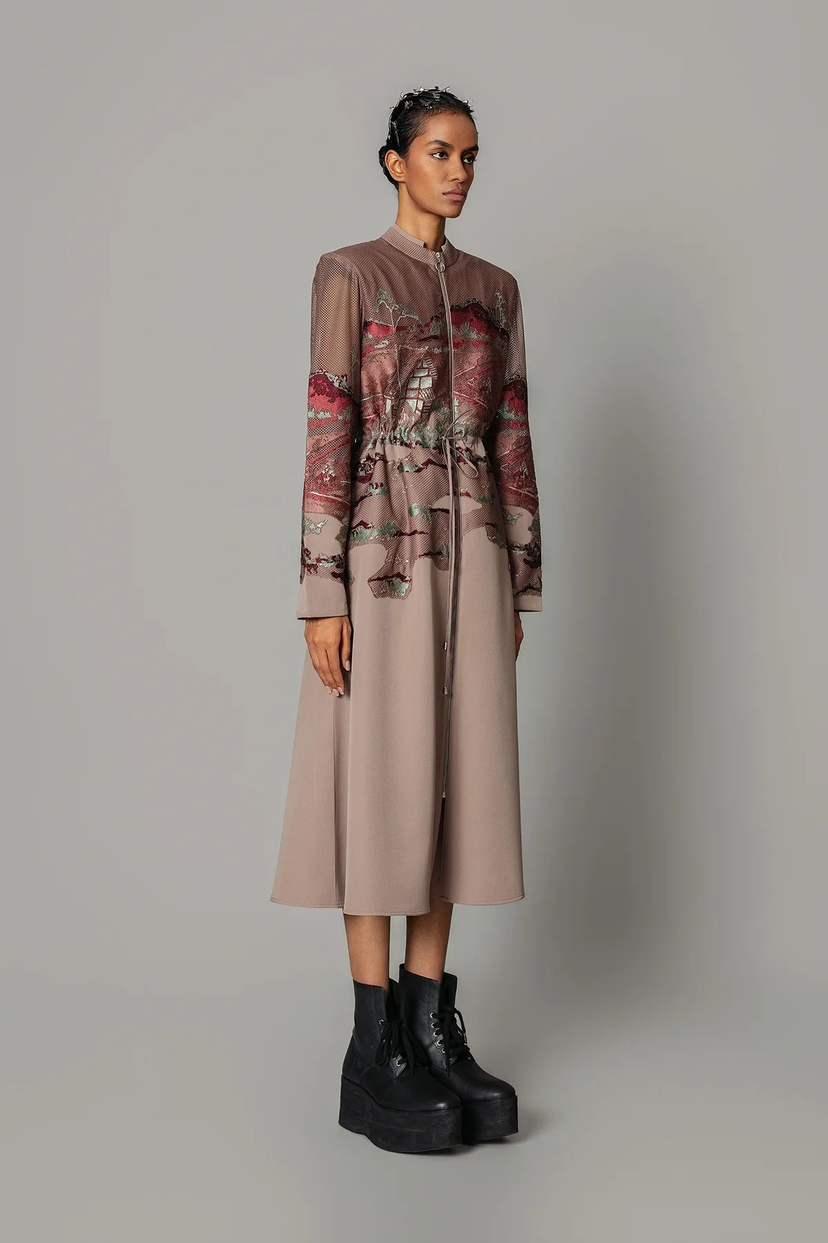 Brown Hokusai Embroidered Long Dress