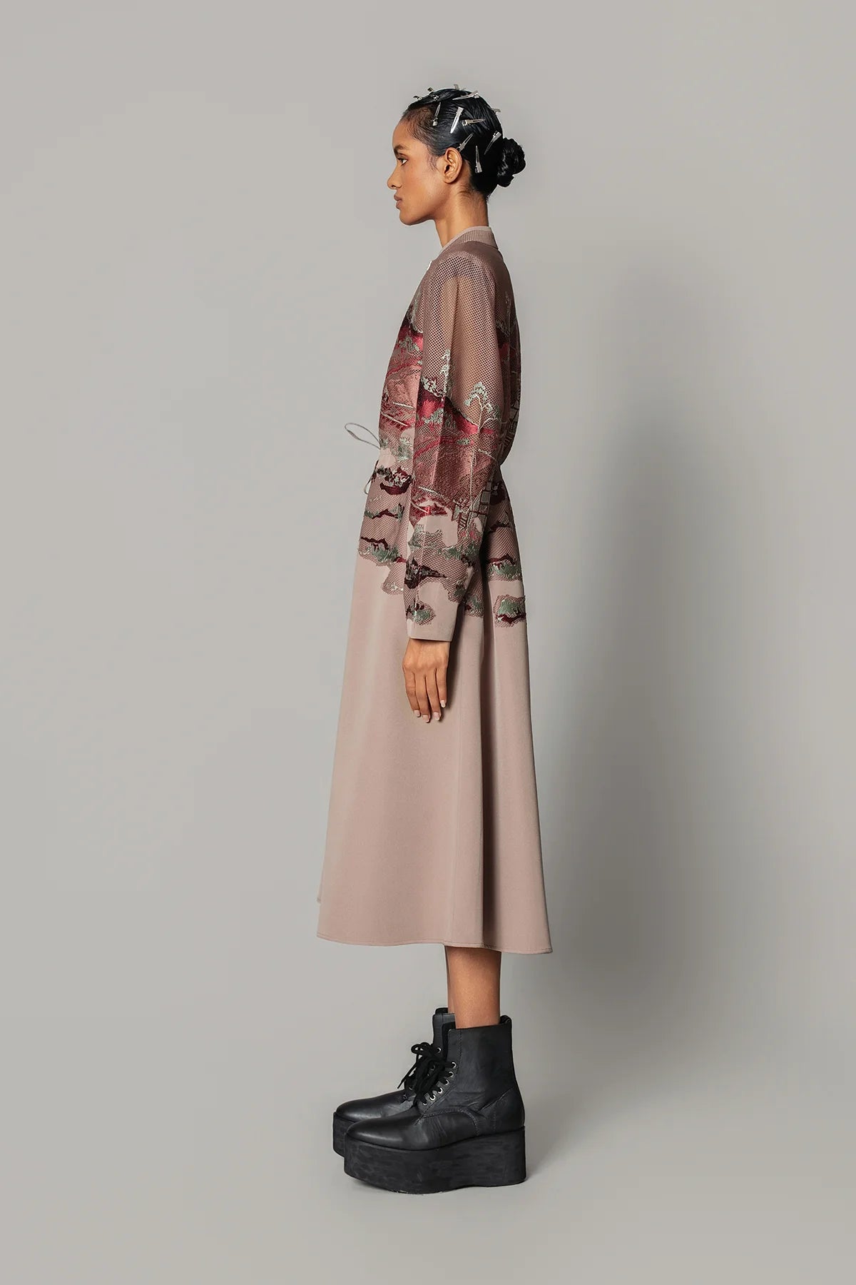 Brown Hokusai Embroidered Long Dress