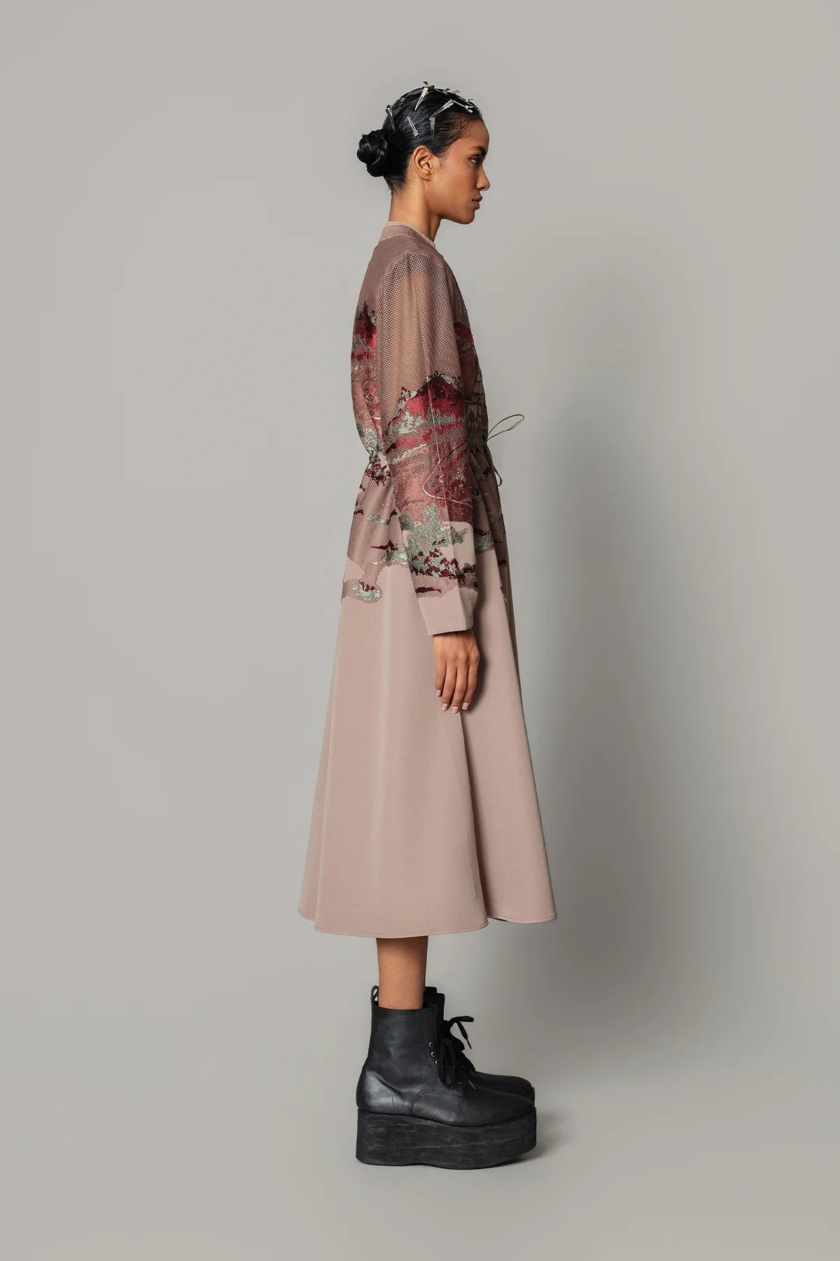 Brown Hokusai Embroidered Long Dress