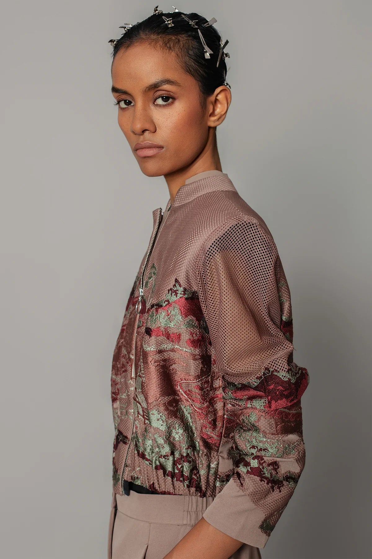 Brown Hokusai embroidered Double Zipper Bomber