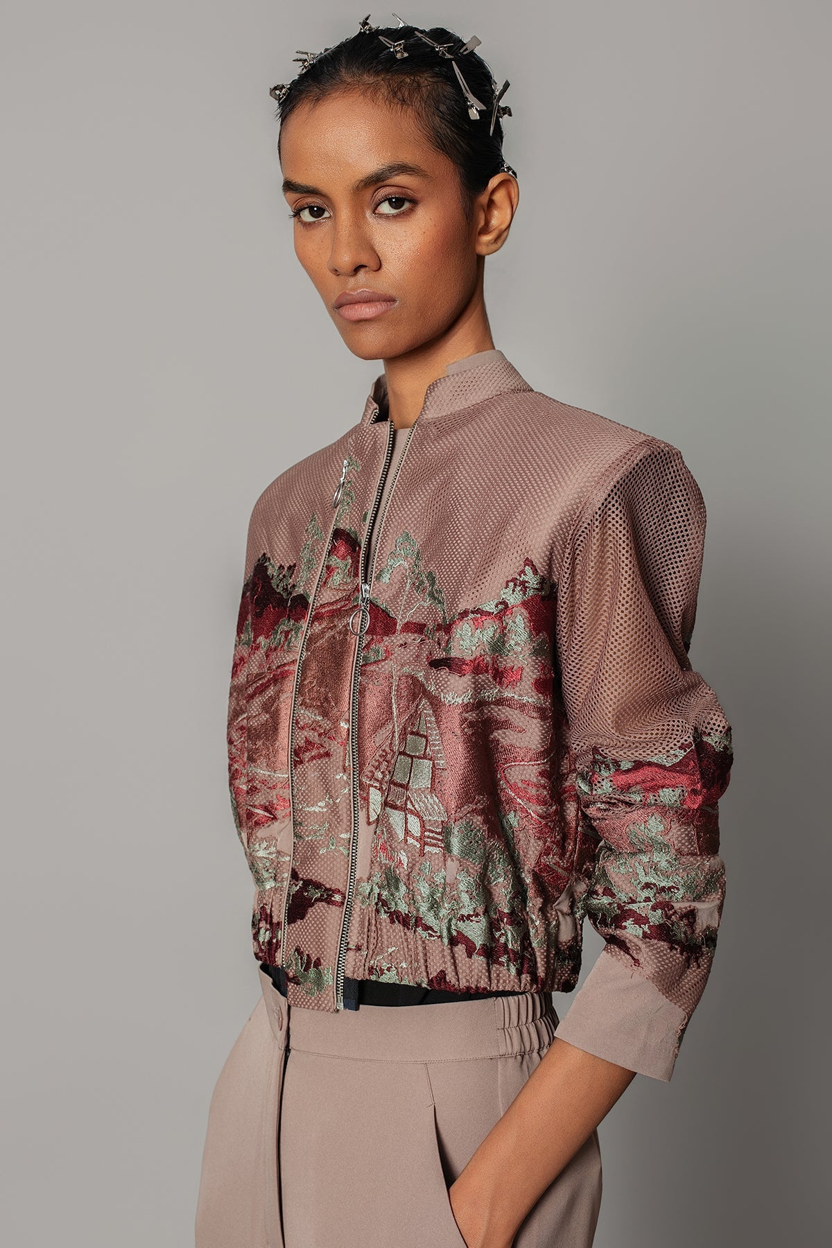 Brown Hokusai embroidered Double Zipper Bomber