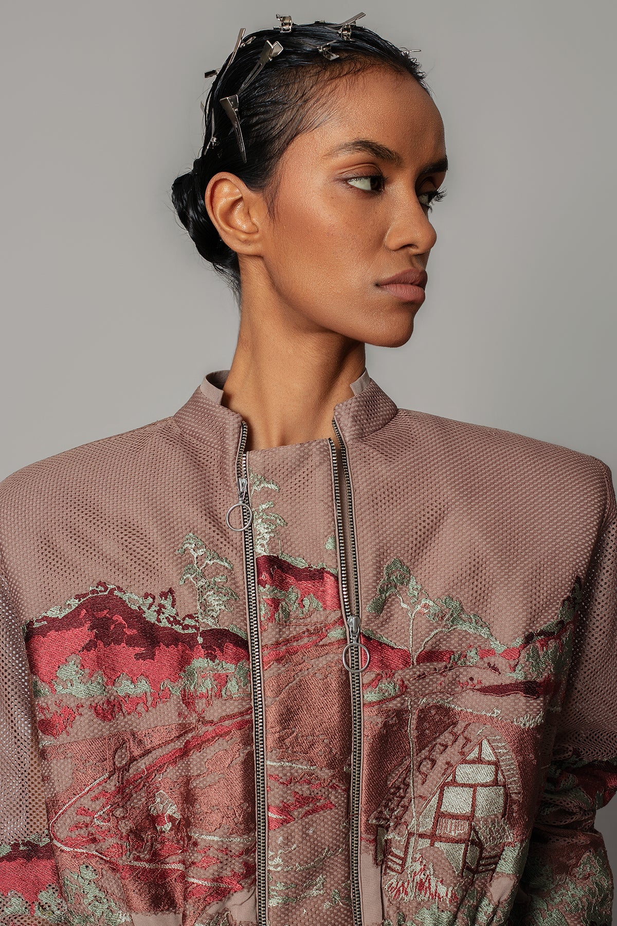 Brown Hokusai embroidered Double Zipper Bomber