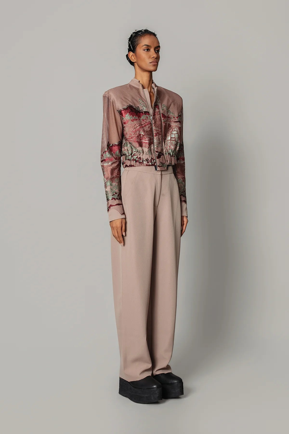 Brown Hokusai embroidered Double Zipper Bomber