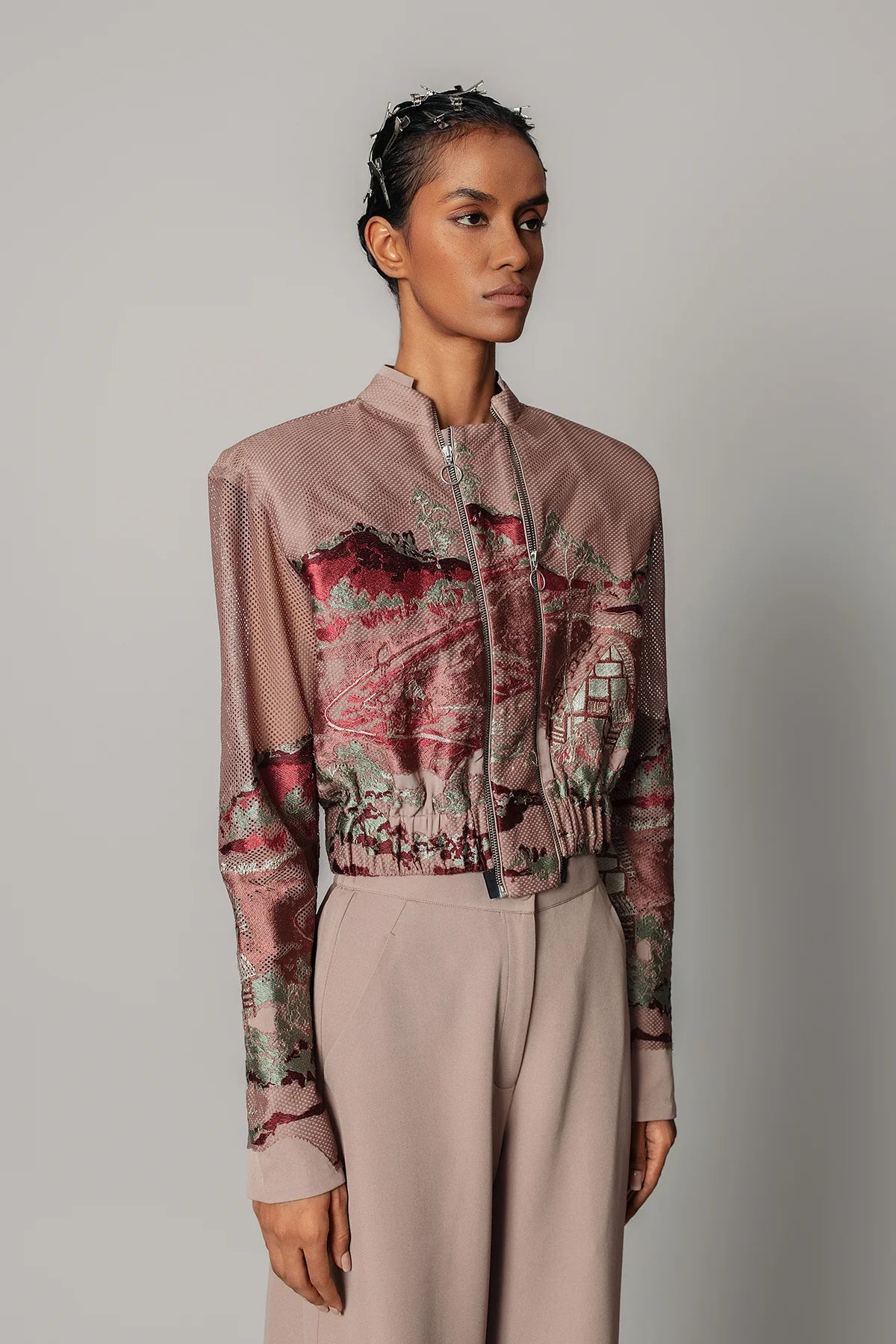 Brown Hokusai embroidered Double Zipper Bomber