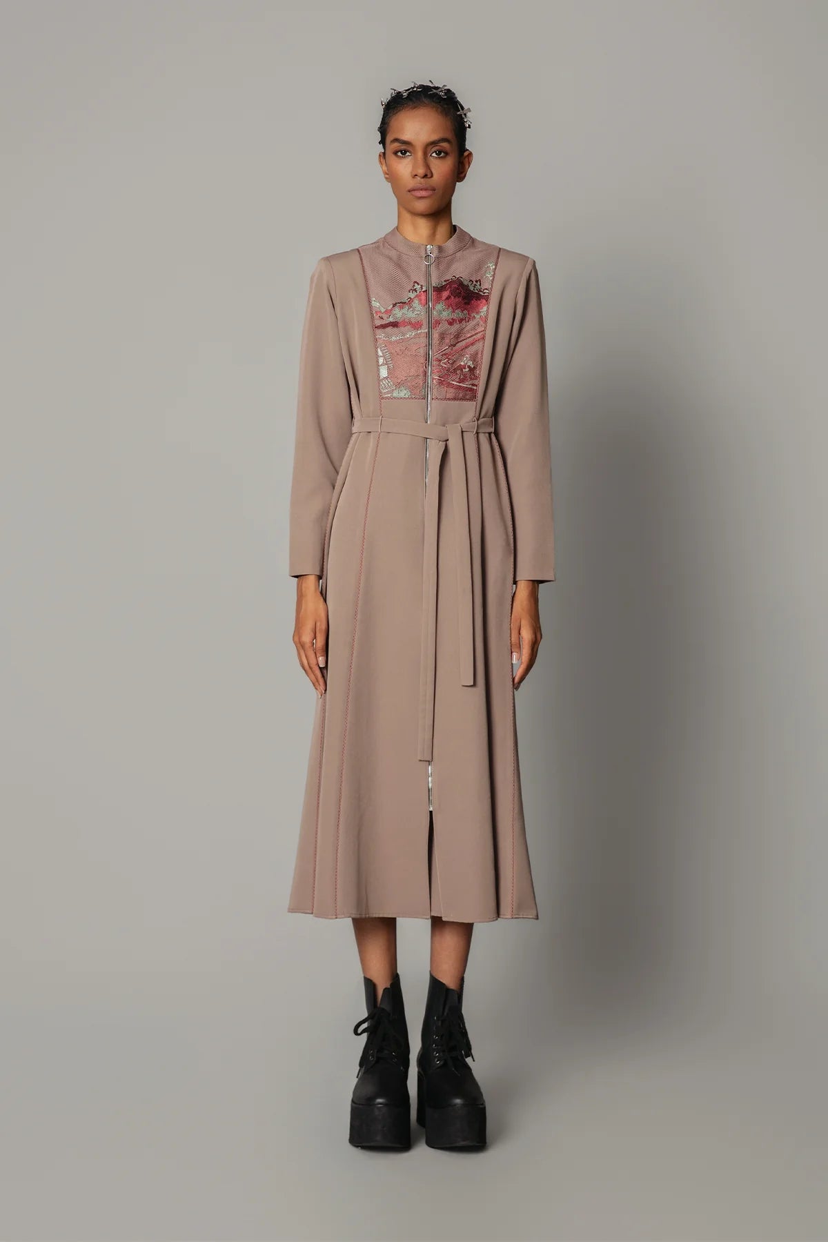 Brown Hokusai Embroidered 10-cut Dress