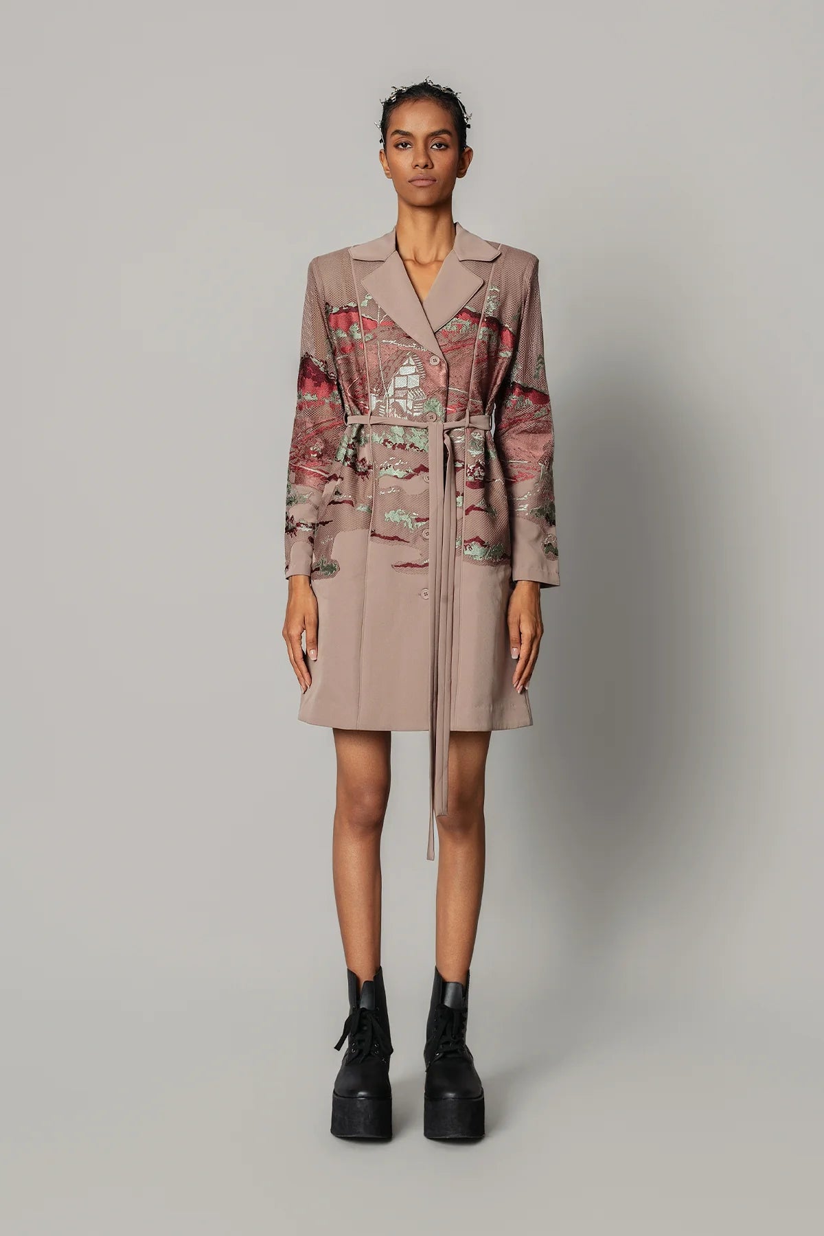 Brown hokusai embroidered coat dress