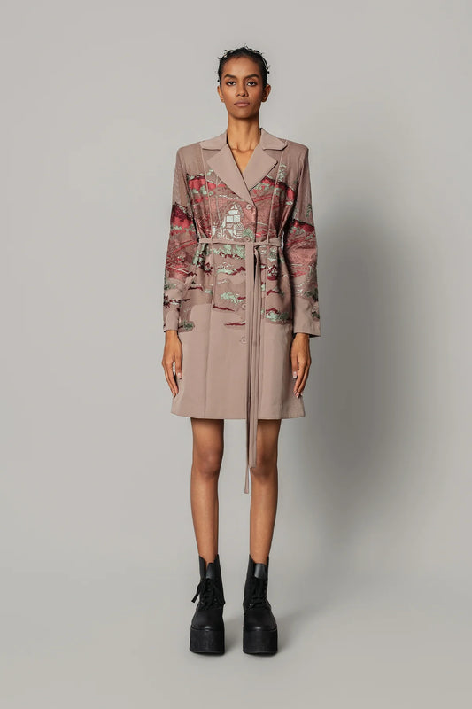 Brown hokusai embroidered coat dress
