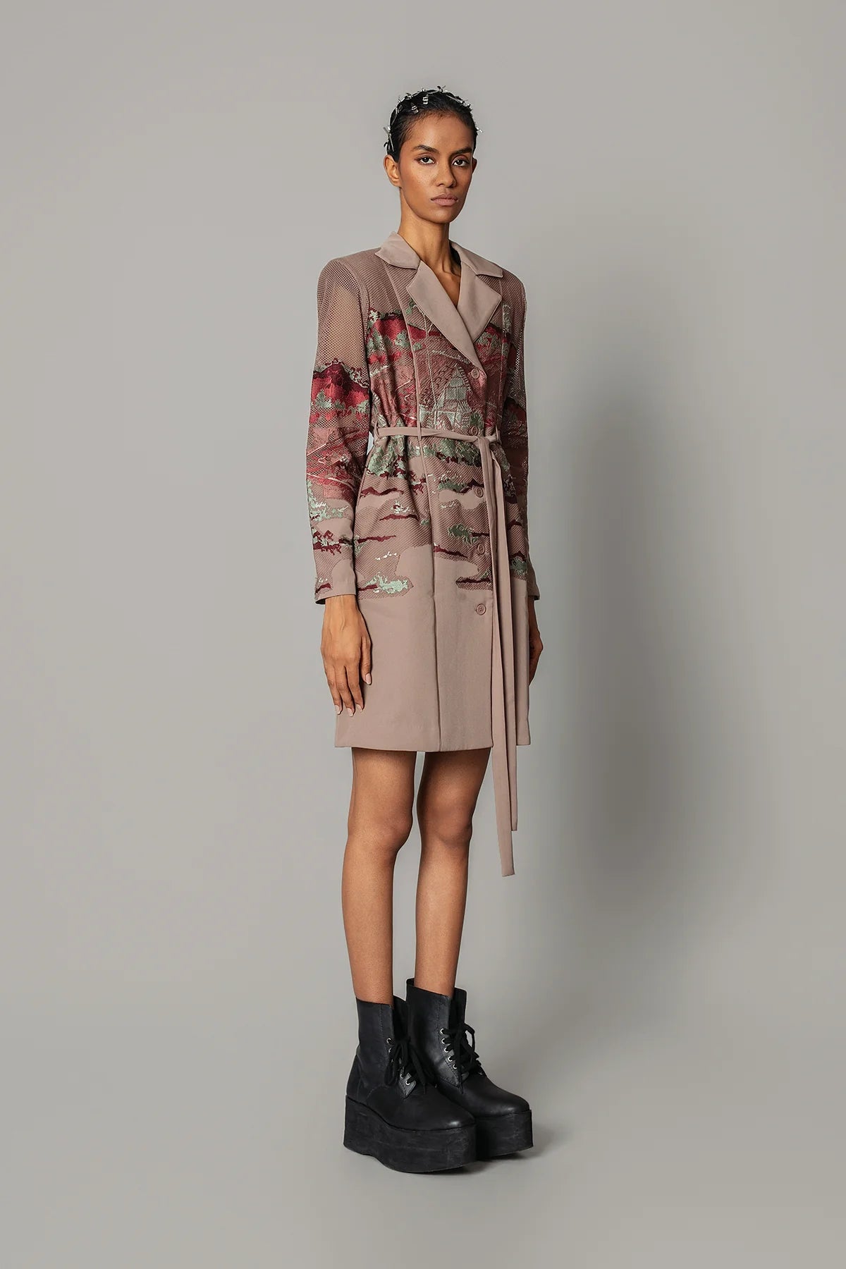 Brown hokusai embroidered coat dress