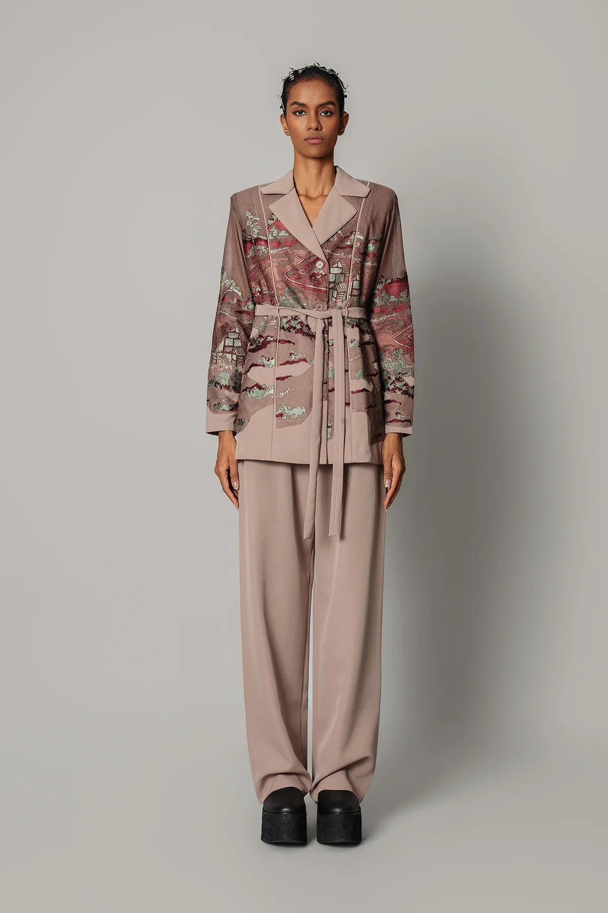 Brown Hokusai Embroidered Coat Set