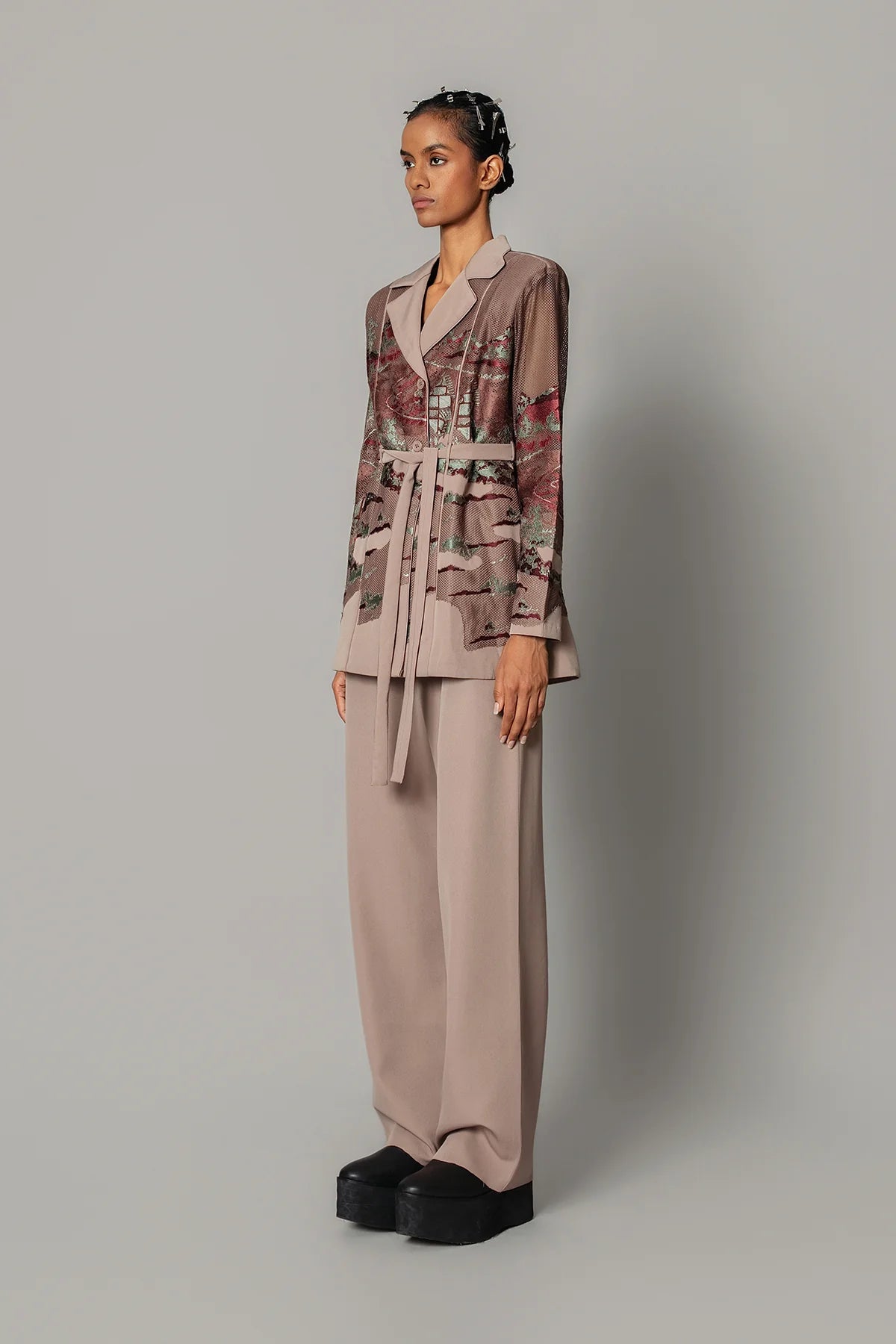Brown Hokusai Embroidered Coat Set