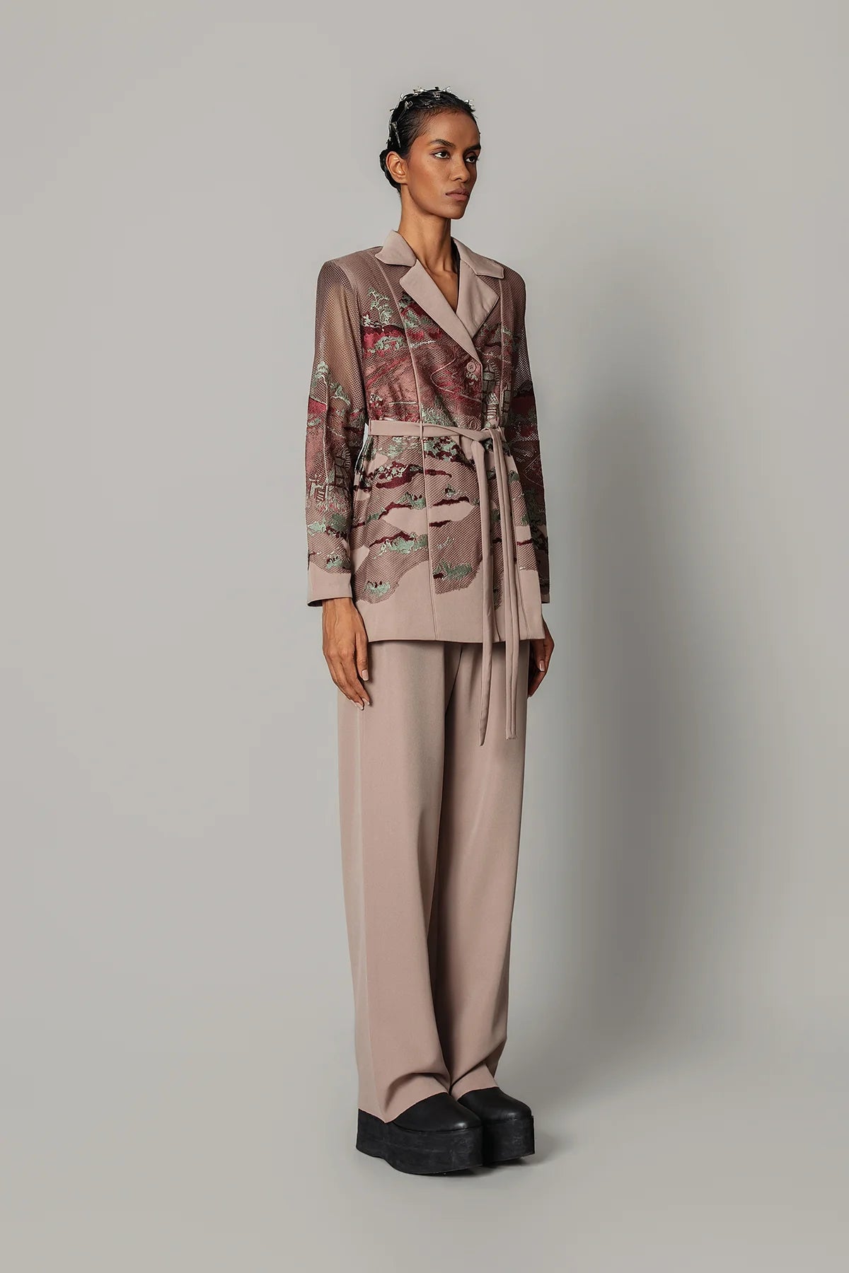 Brown Hokusai Embroidered Coat Set