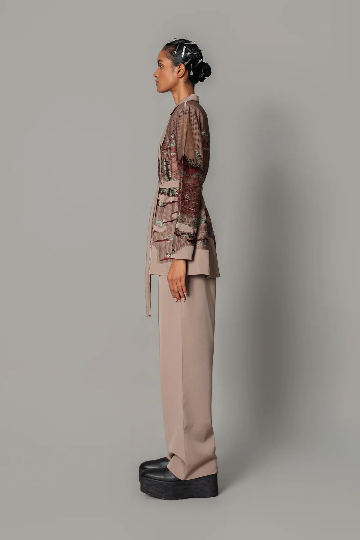 Brown Hokusai Embroidered Coat Set