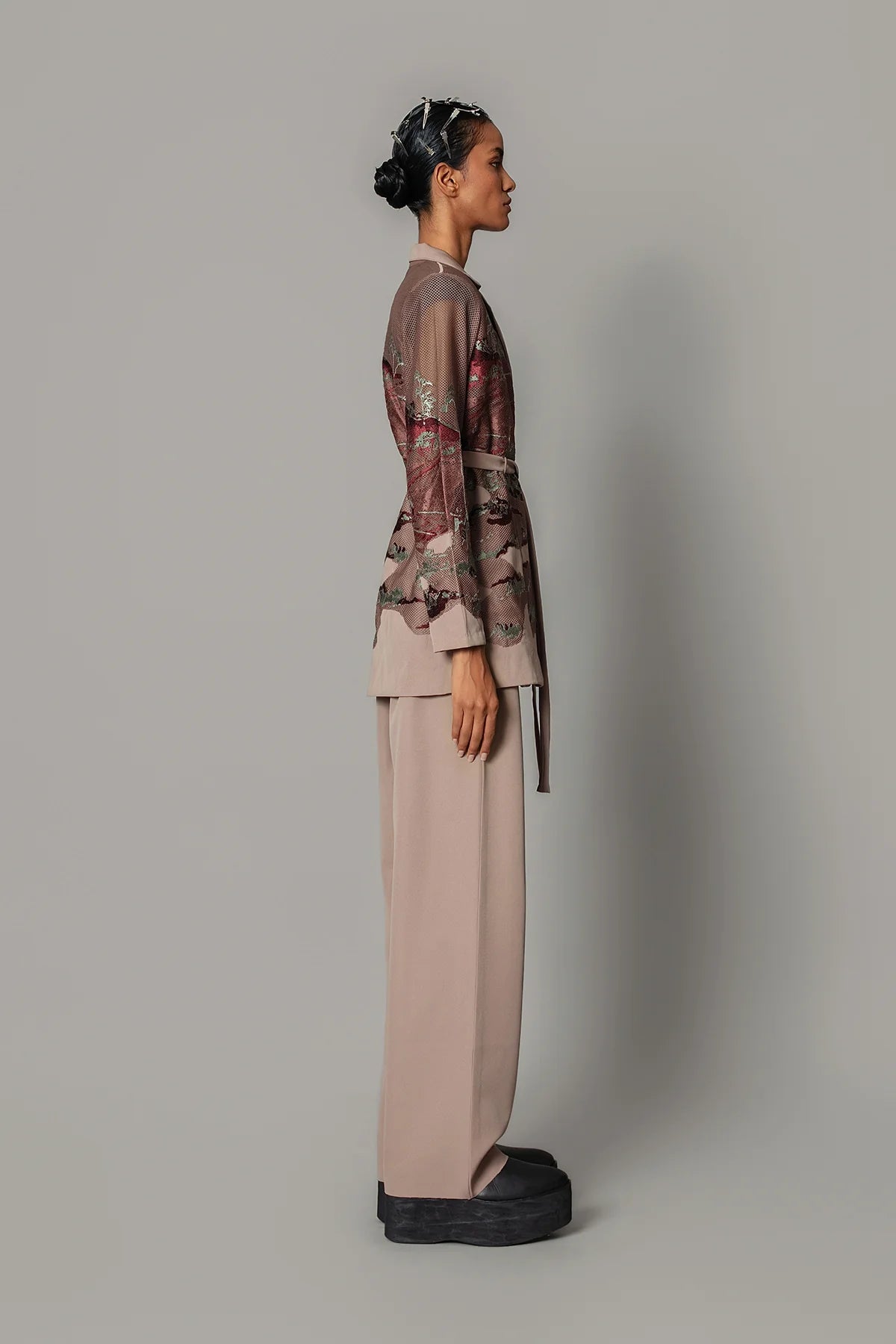 Brown Hokusai Embroidered Coat Set