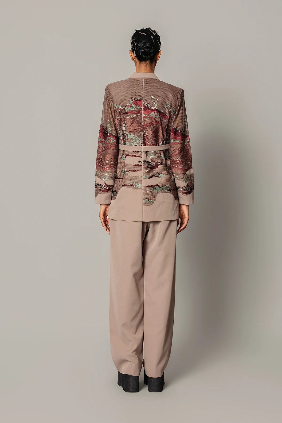 Brown Hokusai Embroidered Coat Set