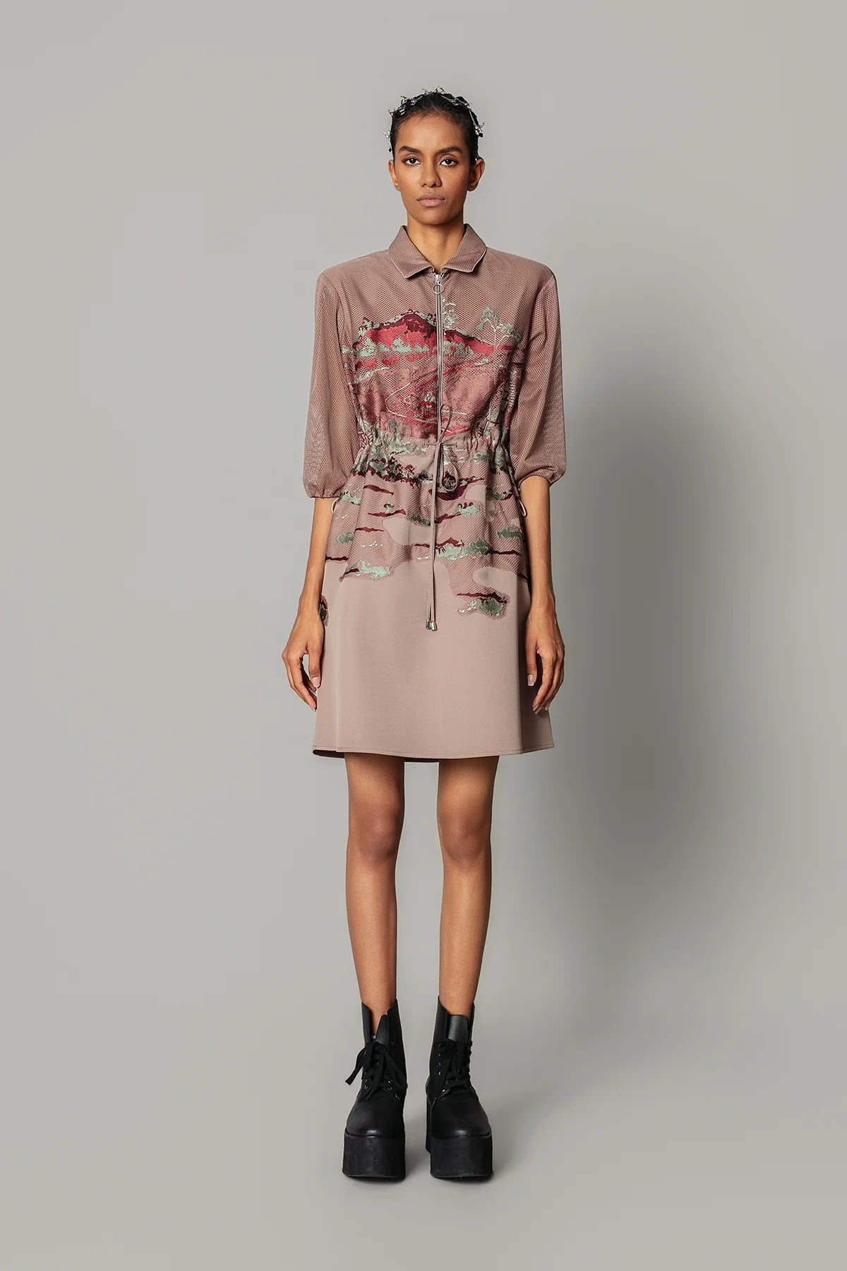 Brown Hokusai Embroidered Short Dress