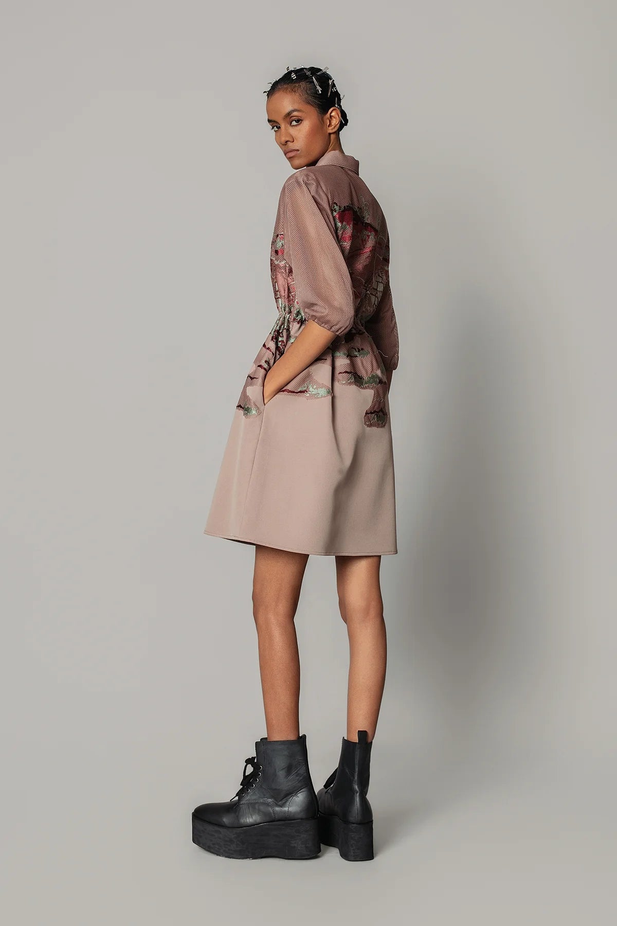 Brown Hokusai Embroidered Short Dress