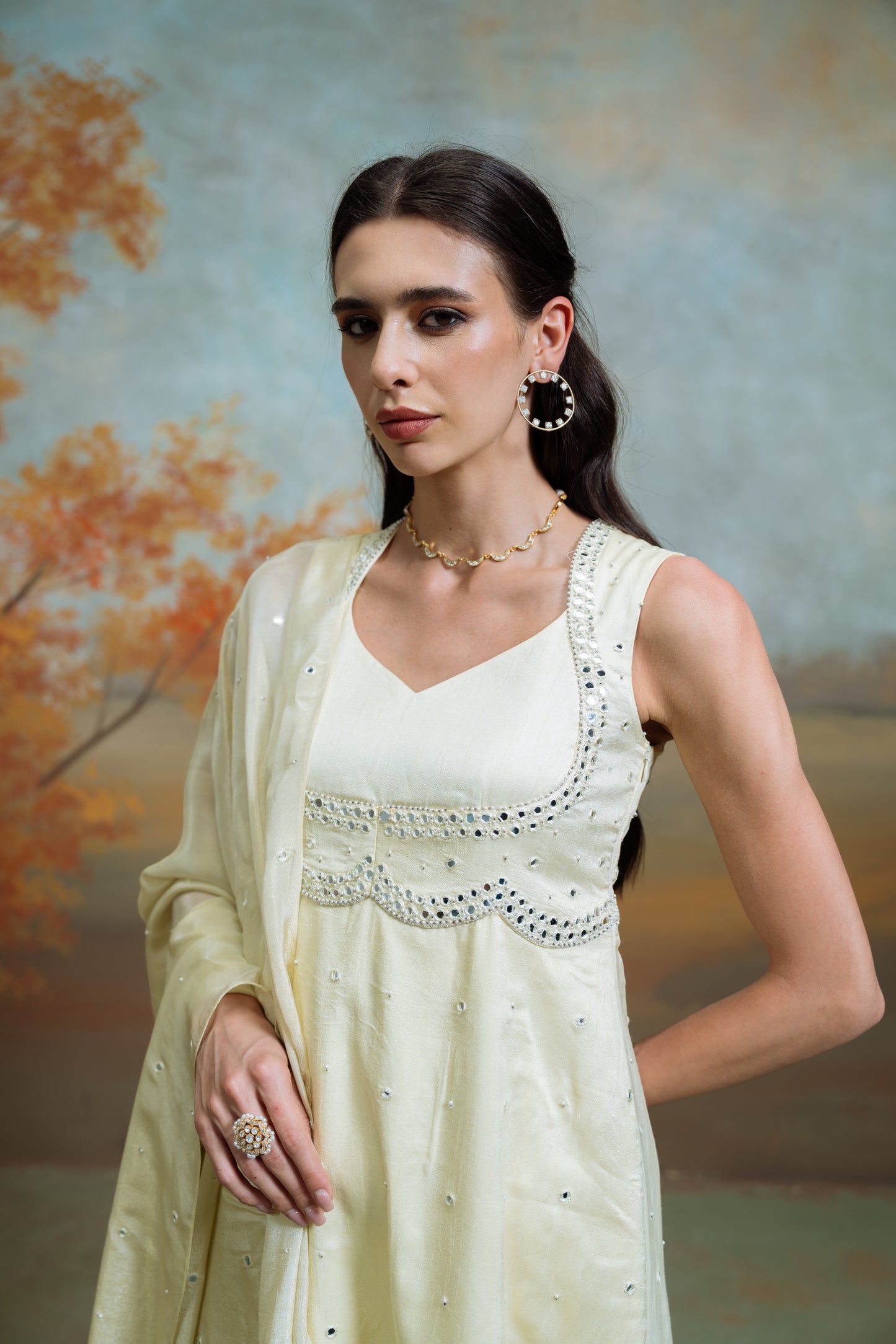 Butter Yellow Mirror Anarkali Set