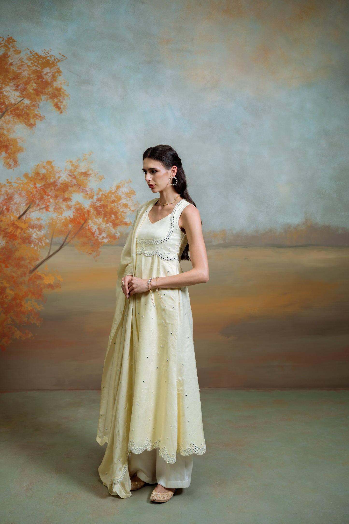 Butter Yellow Mirror Anarkali Set