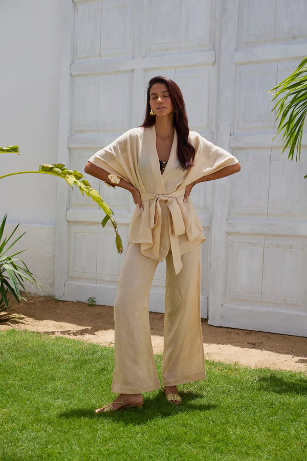 Capri Breeze Linen Kimono set - Caramel