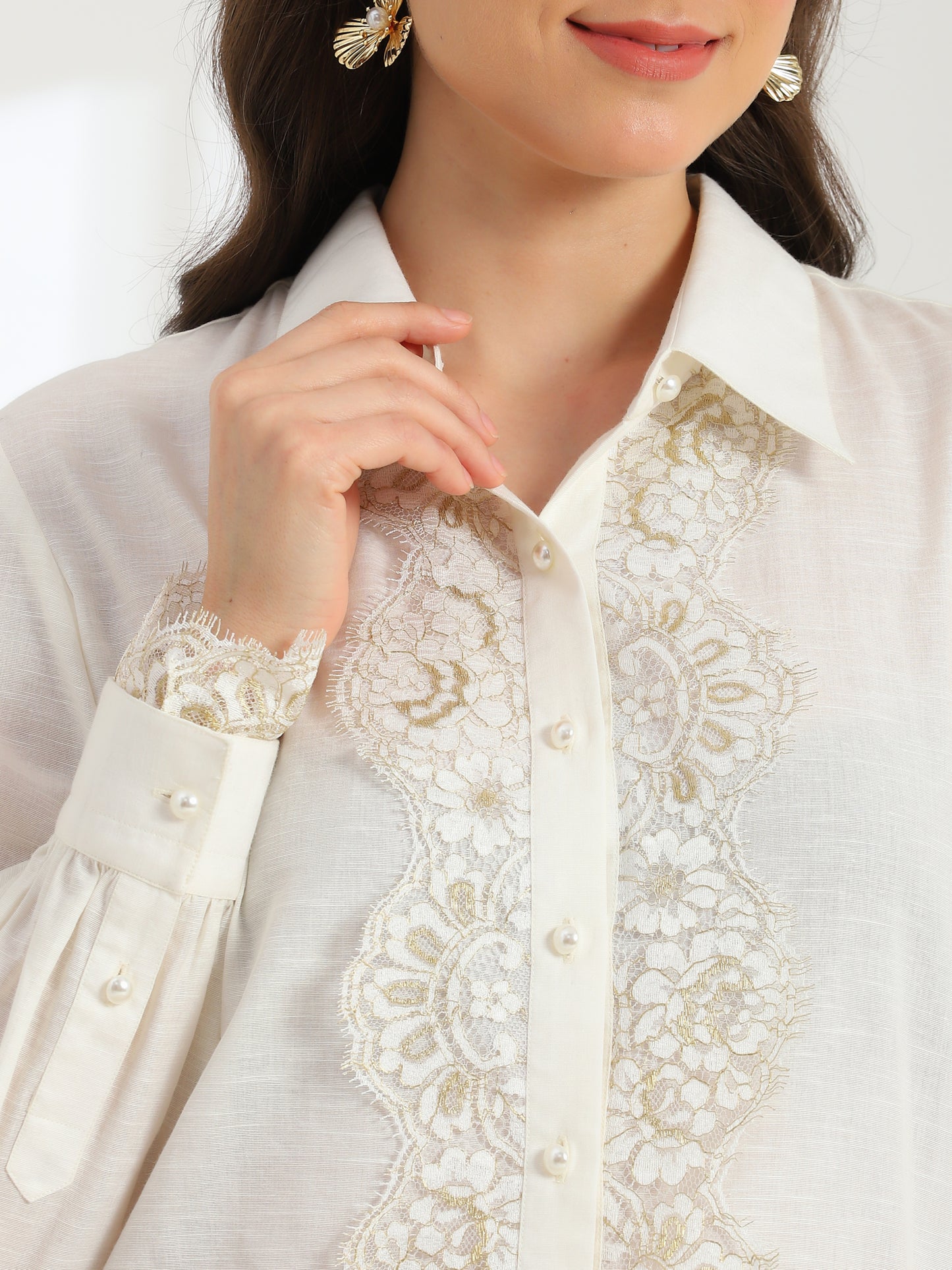 Moonlight Pearl French lace Linen Shirt