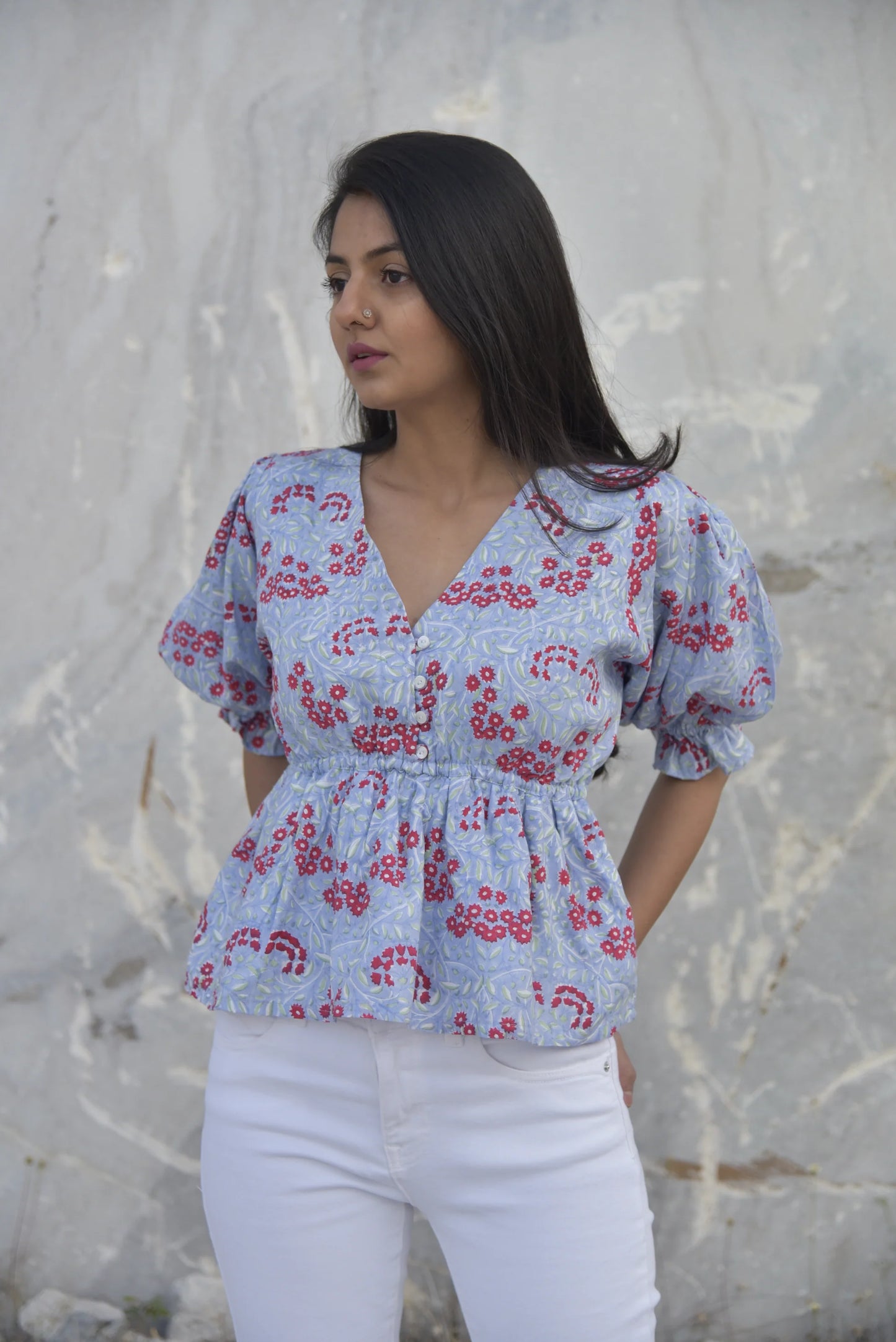 Seifuku Top - Stylish Blue Floral Motif Top with Puffed Sleeves