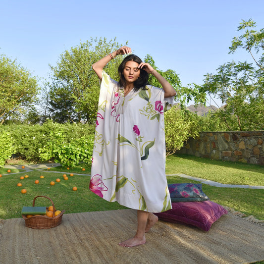 Laurel Dress | Cream Floral Printed Kaftan Dress