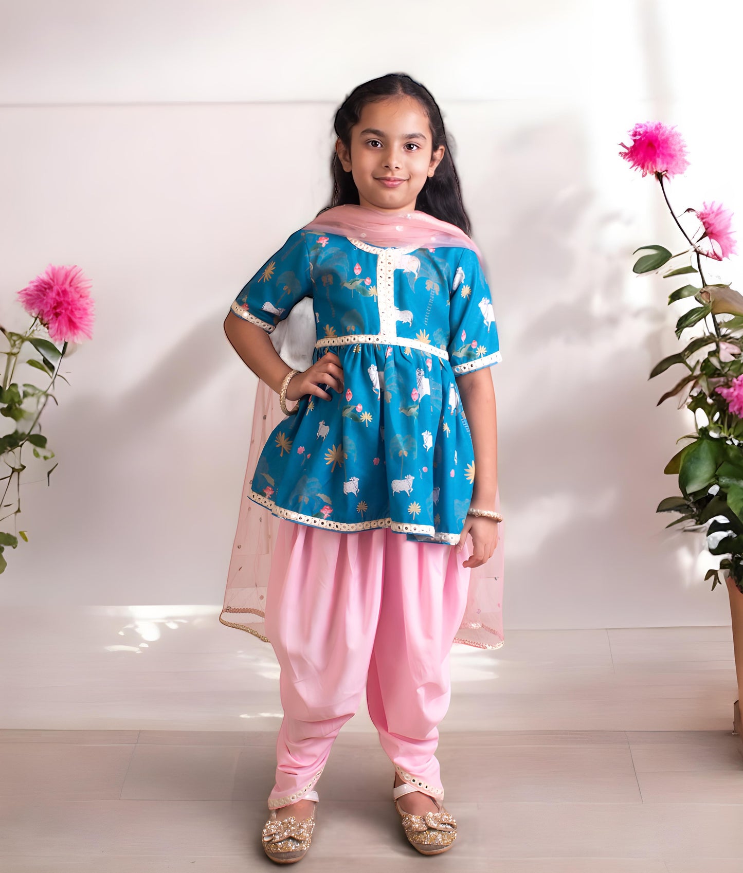 Blue Nandi Printed Kurti with Dhoti