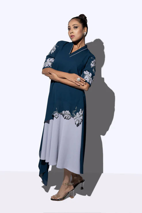 Floral Cascade Bi Layered Asymmetrical Dress