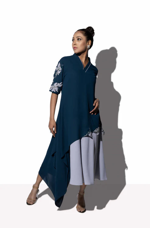 Floral Cascade Bi Layered Asymmetrical Dress