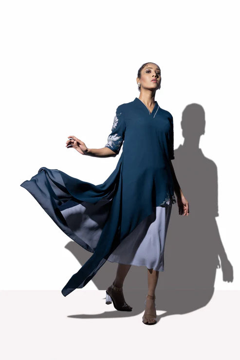 Floral Cascade Bi Layered Asymmetrical Dress