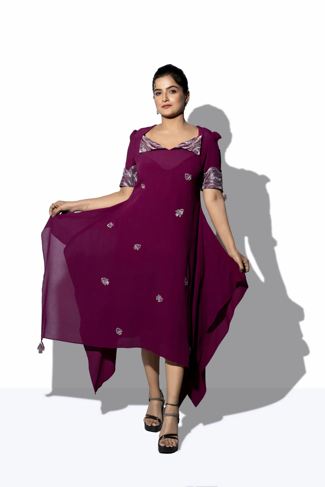 Diamond Neck Flap Collar Placement Embroidery Dress