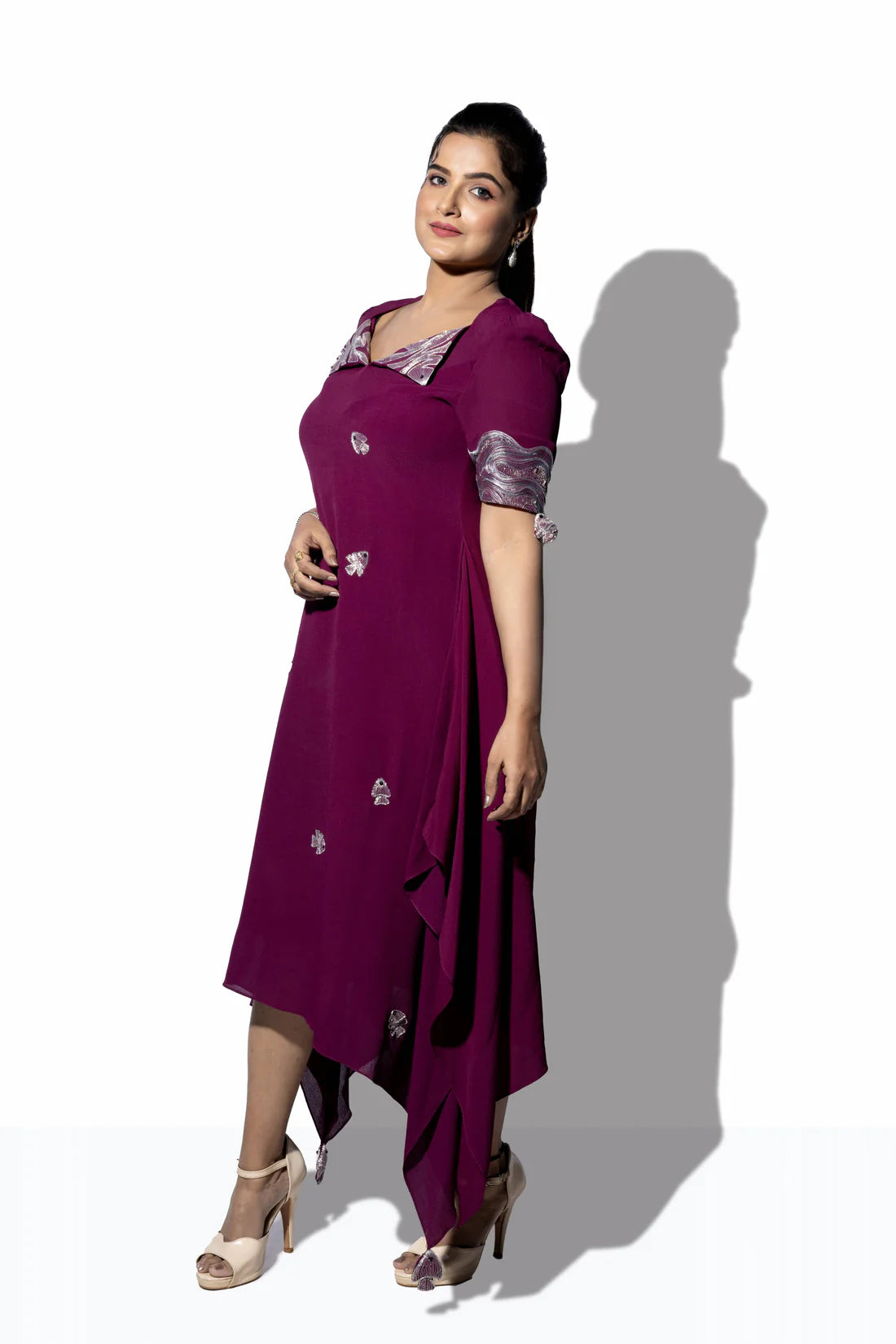 Diamond Neck Flap Collar Placement Embroidery Dress