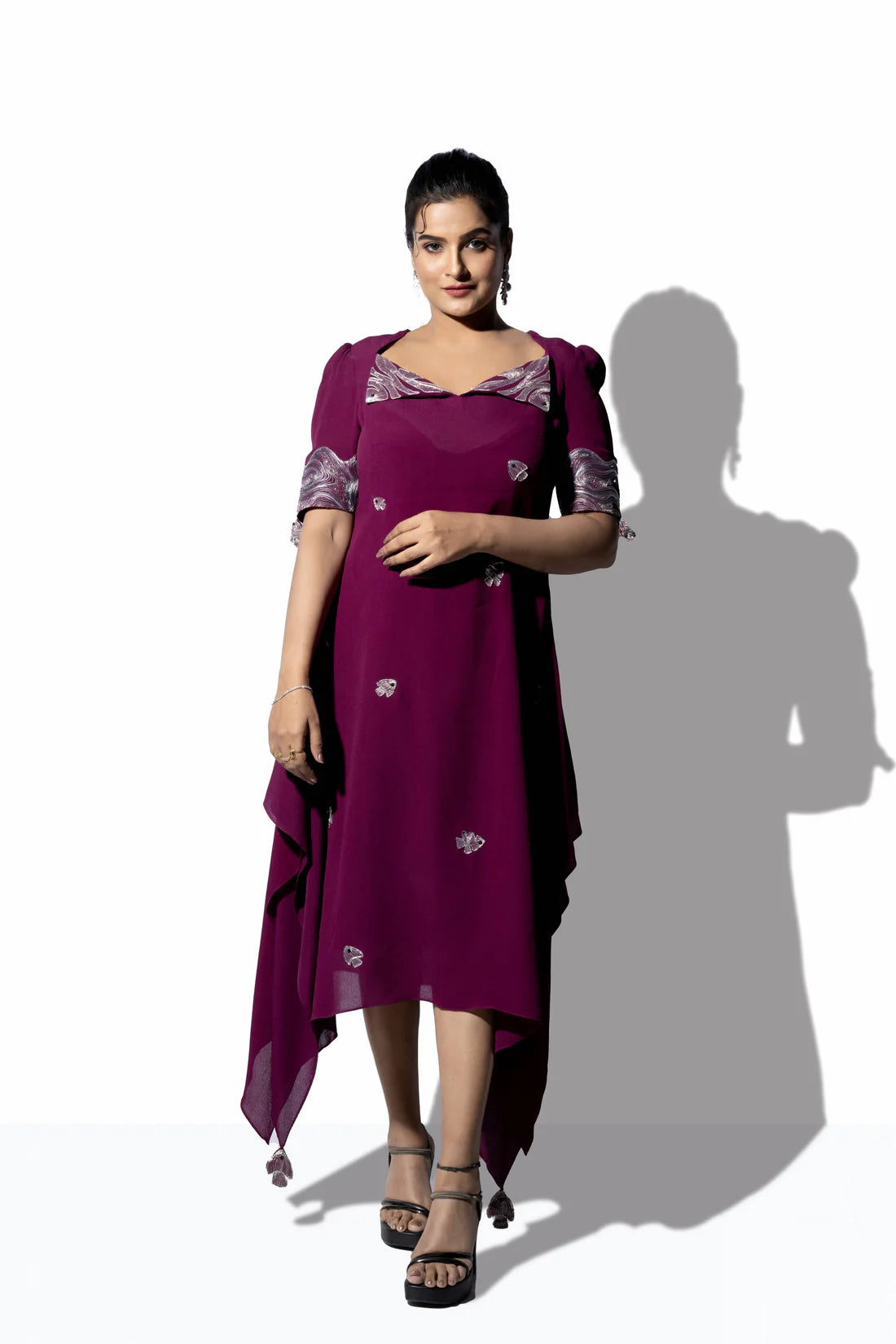 Diamond Neck Flap Collar Placement Embroidery Dress
