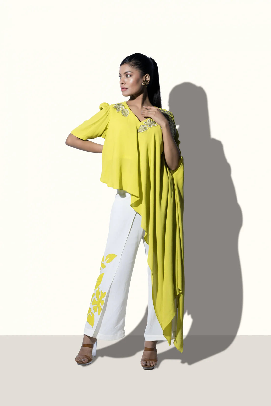 Bias Floral Embroidered Top with Wrap Around Trousers