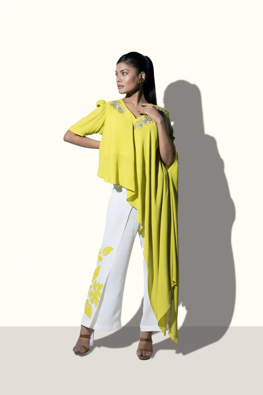 Bias Floral Embroidered Top with Wrap Around Trousers